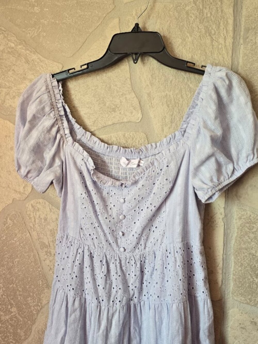 Eyelet Babydoll Mini Dress M Puff Sleeve Smocked Blue - Picture 9 of 12